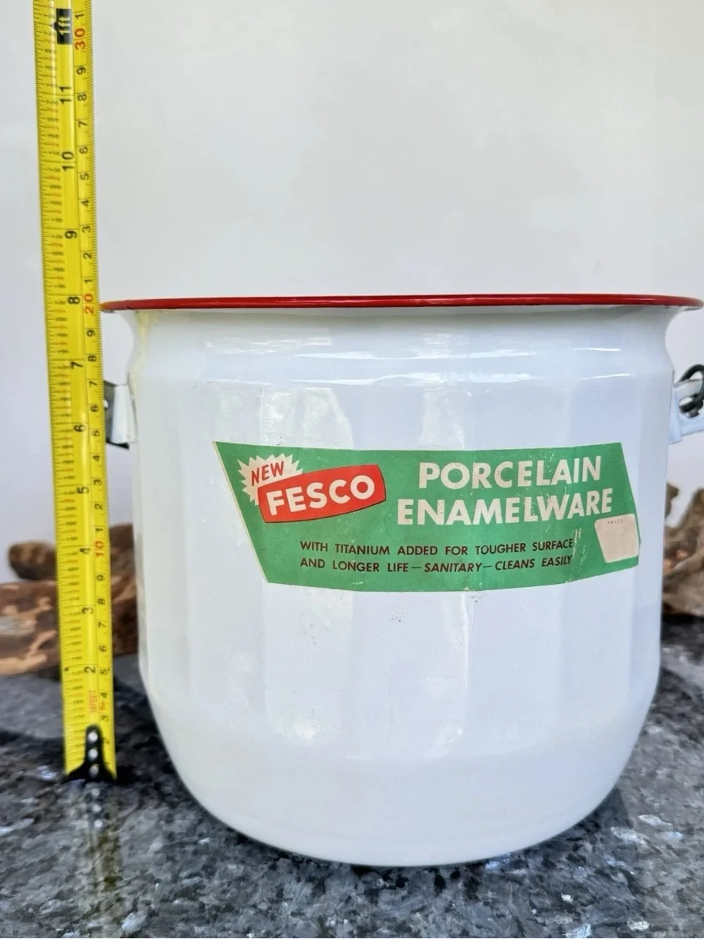 Vintage Fesco Porcelain Enamelware Pot With Wooden Handle, 8” White & Red Bucket